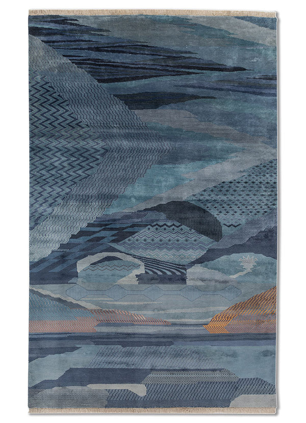 hand knotted silk Rug medium sky blue/indigo blue rectangle